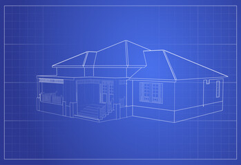 Technical drawing of a house, white lines on a blue background. Graph paper, engineering diagram. Vector illustration