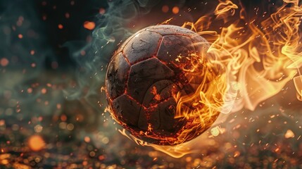 view of a Premier League soccer ball engulfed in flames, showcasing intensity and passion - obrazy, fototapety, plakaty