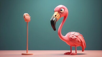 Sad-looking cartoon flamingo figure made