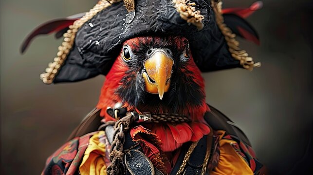 Parrot in a pirate costume, cocked hat. Mascot, man's little friend, pet, close-up, feathers, photo shoot in a pet costume. The feathered muzzle expresses pride. Generative by AI.