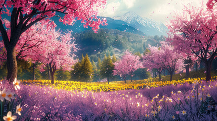 A serene panorama of a meadow painted in hues of pink, purple, and yellow, as cherry blossoms and daffodils bloom in harmony. 8K