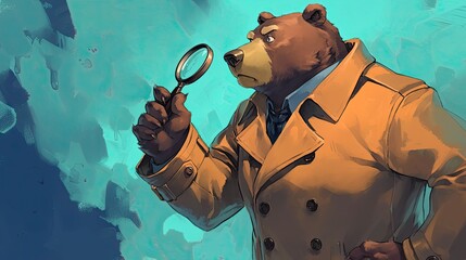 Serious detective bear in trench coat and fedora, with magnifying glass, investigates a crime scene. His focused expression shows determination to crack case. Generative by AI - obrazy, fototapety, plakaty