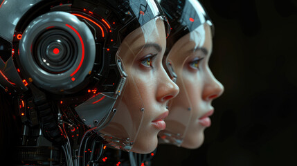 Two clones of the most beautiful flawless girls in cyberpunk, futuristic, high-tech, generative AI...
