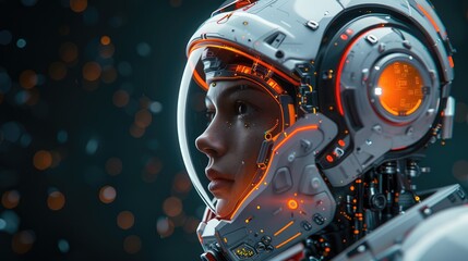 The astronaut of the future is the most beautiful cyborg girl in a cyberpunk outfit, futuristic, high-tech, generative AI. In a spacesuit and helmet, a robot transformer, a beautiful android girl.  - obrazy, fototapety, plakaty