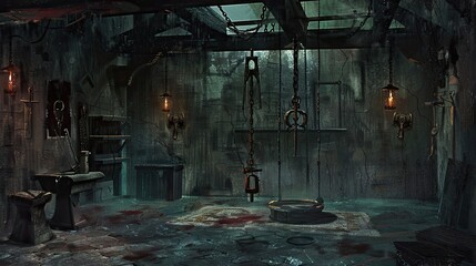 Torture chamber with an iron maiden and other gruesome device, chains, horror, thriller. Gloomy place, ghosts, paranormal, gothic, middle ages, ruins, dampness, mysticism, fear. Generative by AI
