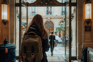 Back view of a traveler with backpack entering a luxury hotel facing a Parisian street