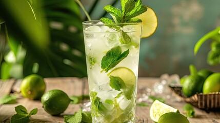 Tall glass of refreshing mojito cocktail garnished with fresh, drink with a degree, goblet, club, bar, alcohol aesthetics, aromatic drink and nice company concept. Generative by AI
