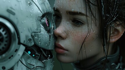 Love and kisses of the most beautiful girl and cyborg outfit in cyberpunk, futuristic, high-tech, generative AI. Combat robot transformer beautiful android girl. Cyberpunk society.  - obrazy, fototapety, plakaty