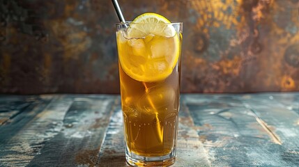 Tall glass of iced tea spiked with vodka and garnished with lemon, drink with a degree, goblet, club, bar, alcohol aesthetics, aromatic drink and nice company concept. Generative by AI