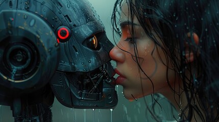 Love and kisses of the most beautiful girl and cyborg outfit in cyberpunk, futuristic, high-tech,...