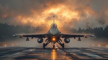 F-16 fighter jets on the runway of a military airfield in the war zone in Ukraine. Army of Ukraine in 2024. Russian-Ukrainian war.