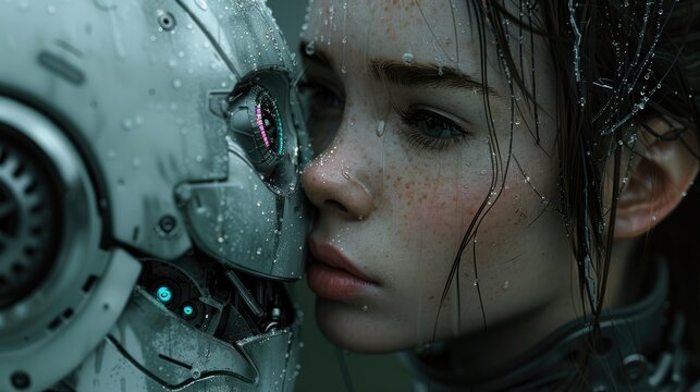 Love and kisses of the most beautiful girl and cyborg outfit in cyberpunk, futuristic, high-tech, generative AI. Combat robot transformer beautiful android girl. Cyberpunk society. 