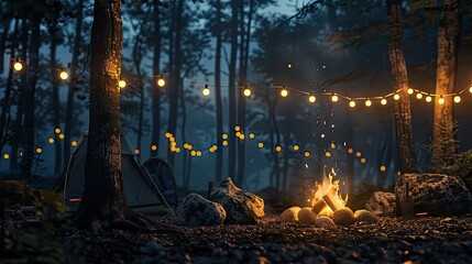 Experience the magic of the night! A campsite in the dark woods with glowing light bulbs and a bonfire, offering serene isolation - obrazy, fototapety, plakaty