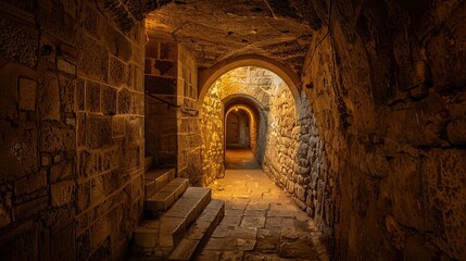 Fototapeta premium Secret underground passage leading to the heart of a medieval castle. Gloomy place, ghosts, dust, secret tunnel, paranormal, gothic, middle ages, ruins, dampness, mysticism, fear. Generative by AI