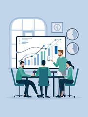 Graphic Representation of a Team of a Business Analyst Reviewing a Financial Dashboard on a Computer Screen, Vector Illustartion Style