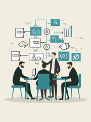 Vector Illustration of a Team of a Business Consultant Analyzing a Company's Processes With Flowcharts, Vector Art
