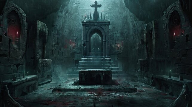 Sinister sacrificial altar in the depths of an ancient dungeon. Ruins, buildings of ancient civilizations, mysticism, paranormalism, otherworldly forces, magic. Generative by AI