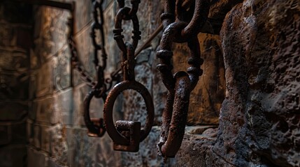 Rusty iron shackles hanging from the walls of a medieval prison, torture chamber. Gloomy place, ghosts, paranormal, gothic, middle ages, ruins, dampness, mysticism, fear. Generative by AI - obrazy, fototapety, plakaty