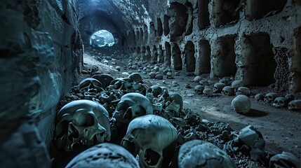 Ancient catacombs containing the remains of lost civilization. Burial places of an ancient people, skulls, bones, dust, dampness, not a soul, underground structure, mysticism, fear. Generative by AI