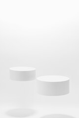 Abstract white scene mockup - two round white cylinder podiums, soar in hard light, shadow. Template for presentation cosmetic products, goods, advertising, design, display, showing in spring style. - 786577645