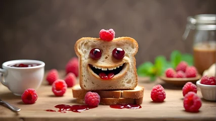 Foto op Plexiglas Amusingly happy creature made of bread toast with raspberry jam. A idea of a healthy breakfast and a happy morning © UZAIR