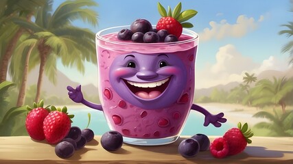 a charming, joyful, smiling anthropomorphic painting of an acai smoothie.