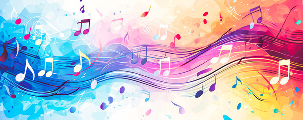 Abstract illustration of musical background with music notes and colorful wavy lines. Concept of the background and backdrop