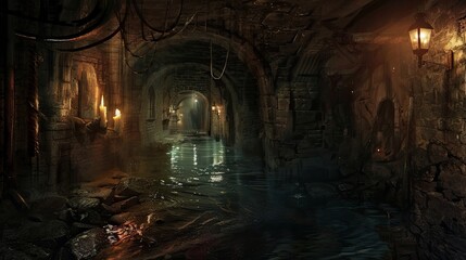 Mysterious underground river flowing through depths of old castle. Gloomy place, ghosts, paranormal, gothic, middle ages, ruins, mysticism, uncomfortable place, ancient sewer. Generative by AI - obrazy, fototapety, plakaty
