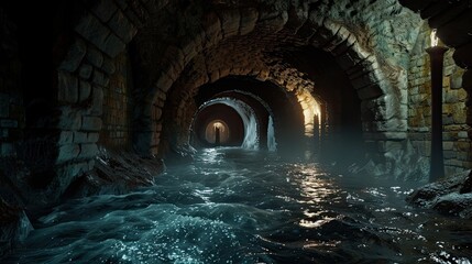 Mysterious underground river flowing through depths of old castle. Gloomy place, ghosts, paranormal, gothic, middle ages, ruins, mysticism, uncomfortable place, ancient sewer. Generative by AI