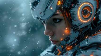 Battle robot transformer in armor with the face of a Beautiful girl robot battle machine cybernetic organism. look to the side, in the frofil.  - obrazy, fototapety, plakaty