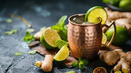 Moscow mule cocktail served in a copper mug with ginger beer and lime. Alcohol, glass, bar, club, quality drink, cocktail. People enjoy aromatic drinks, company of friends concept. Generative by AI