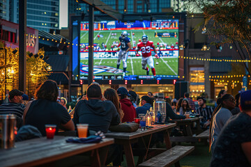 People enjoying an outdoor sports bar with large screen showing football game