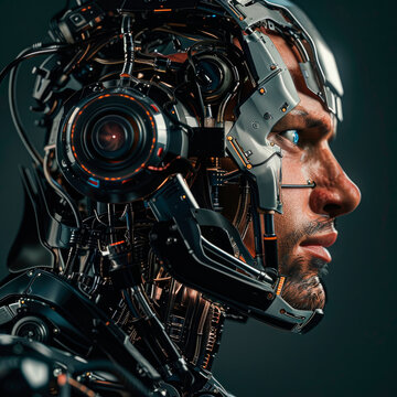 Battle robot transformer in armor with the face of a beautiful man. The face is clean. Robot fighting machine cybernetic organism. Look to the side, at the frofil on the left of the picture. two third