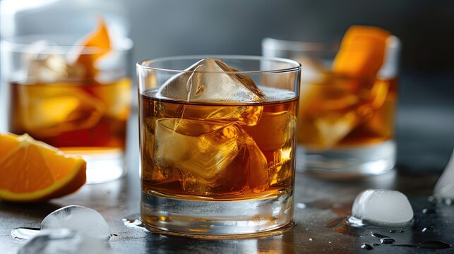 Old-fashioned golden whiskey cocktail served over ice with a twist of citrus. Drink with degree, glass, bar, club, vintage, wood. Alcohol aesthetics concept. Generative by AI