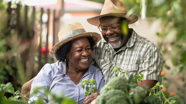 Happy african senior couple having fun gardening together at house patio - Black people with plants outdoor - Models by AI generative