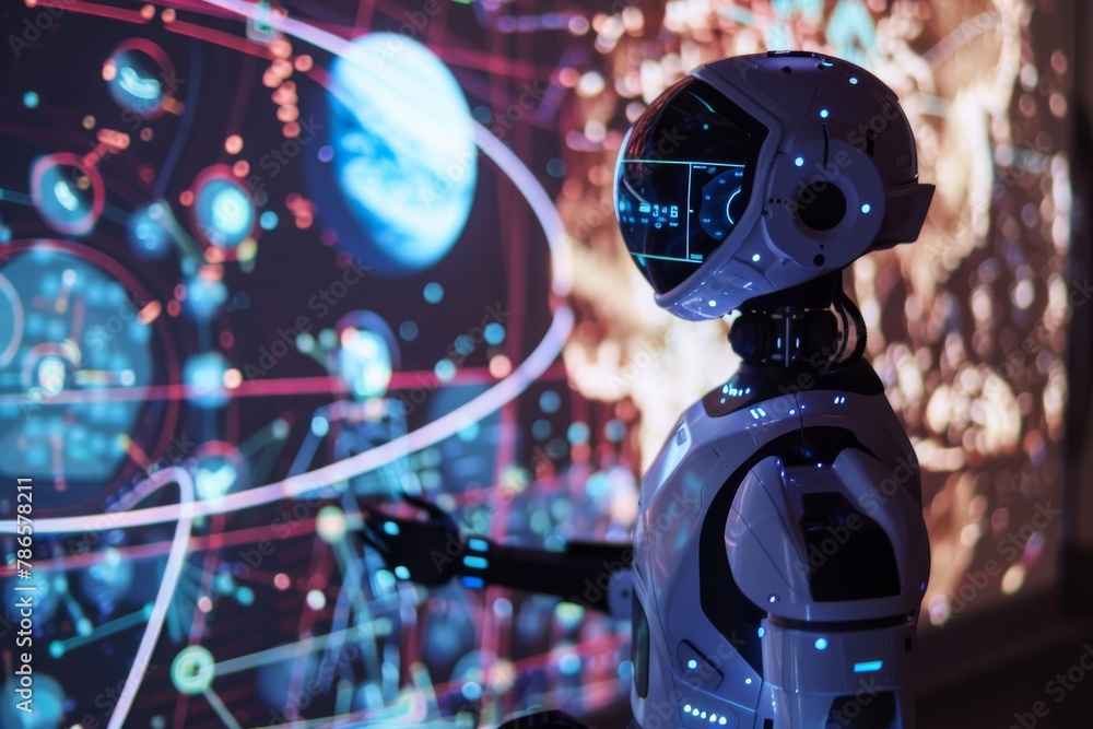 Poster futuristic robot with advanced technology interfaces in a dynamic setting