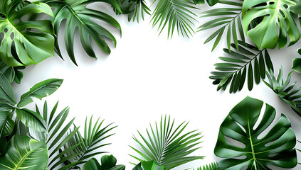 Fototapeta na wymiar Tropical plants frame an isolated area on a white background with empty space in the center for text or design. Jungle leaves form a border in the style of nature. generative AI