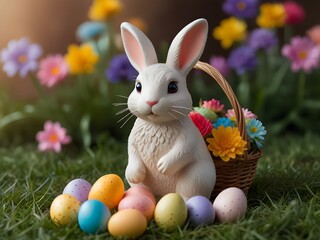 Easter Bunny with Colorful Eggs and Flower Basket in Spring Garden