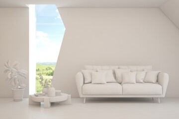 Contemporary classic white interior with furniture and decor and summer landscape in window. Scandinavian interior design. 3D illustration