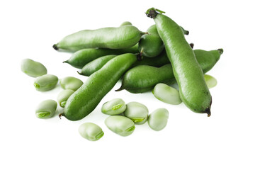 fresh greens broad beans fava on a white background