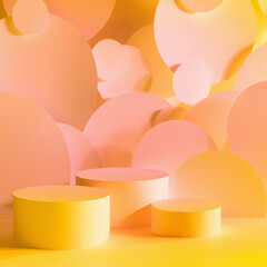 Abstract scene for presentation cosmetic products mockup - three round podiums in yellow, pink gradient light, circles flying as decor. Template for advertising, design in sunrise on beach style. - 786578443