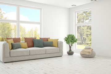 White living room with sofa and summer landscape in window. Scandinavian interior design. 3D illustration