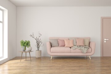 White living room with pink sofa and pink plastic door. Scandinavian interior design. 3D illustration