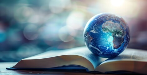 A globe on top of an open book, representing global education and worldwide knowledge