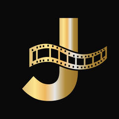 Fototapeta na wymiar Letter J with Films Roll Symbol. Strip Film Logo For Movie Sign and Entertainment Concept