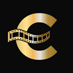 Fototapeta na wymiar Letter C with Films Roll Symbol. Strip Film Logo For Movie Sign and Entertainment Concept