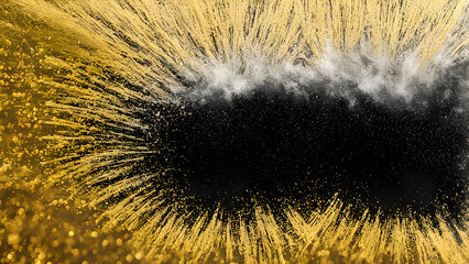 Abstract explosion of yellow and black particles on a black background. Copy space.