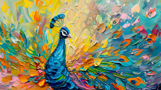Abstract oil painting: colorful peacock tail painted with palette knife