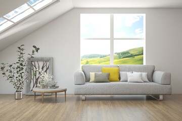 White living room with sofa and summer landscape in window. Scandinavian interior design. 3D illustration