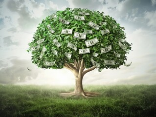 Money growing on a tree in a lush, green field.